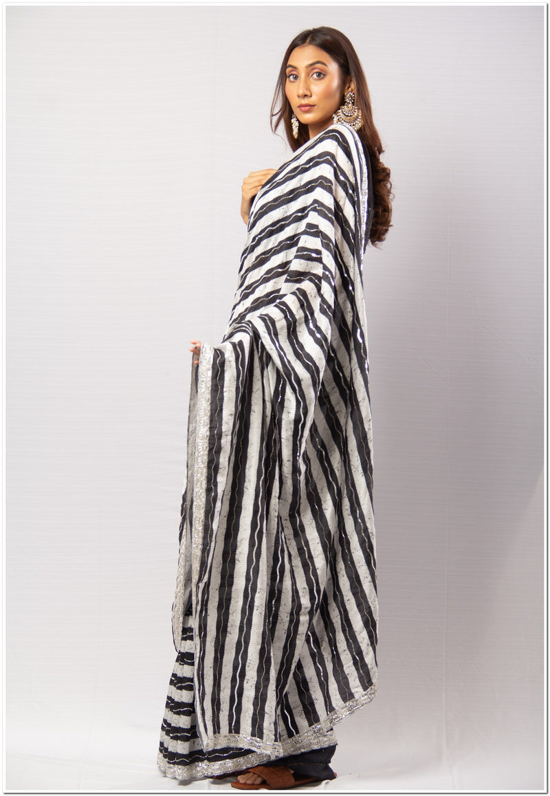 Black & White Striped Sequence Saree With Blouse Piece.
