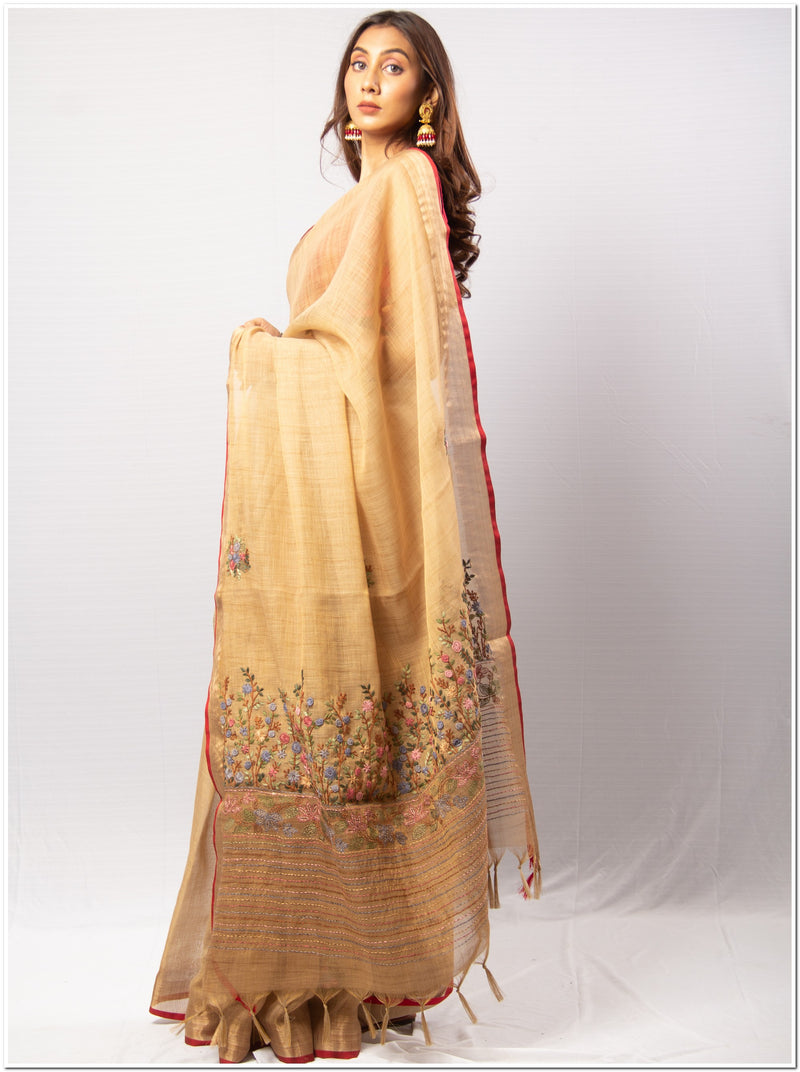 Golden Color Tassar  Saree  With Blouse Piece.