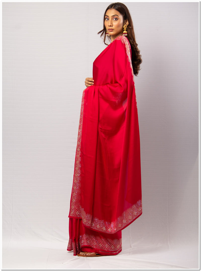 Red Santoon Saree With Sequence Blouse Piece