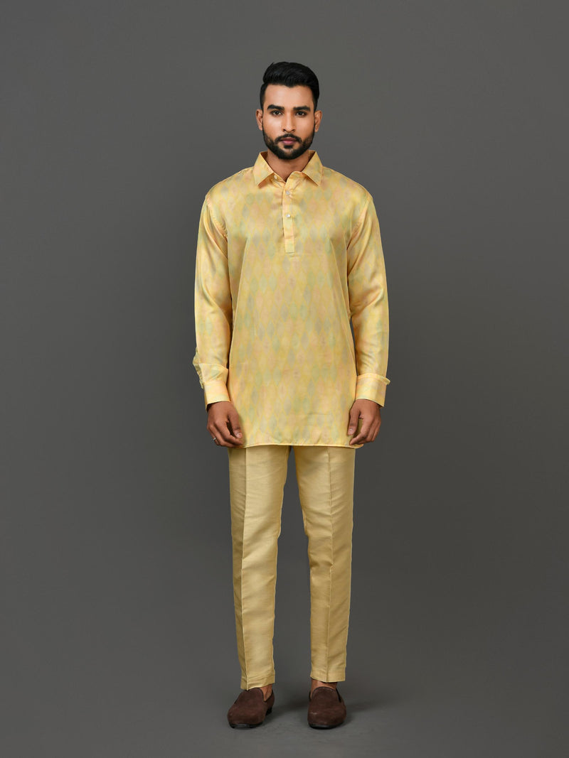 Designer Yellow Satin Short Kurta With Pant