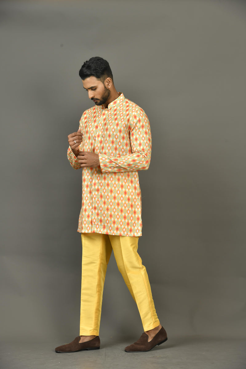 Designer Yellow Cotton Blend Short Kurta