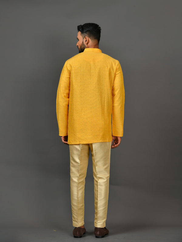 Designer Yellow Silk Short Kurta With Panta