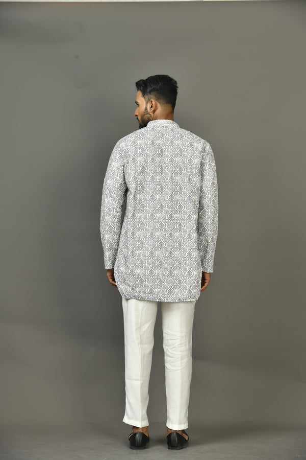 Designer Grey Cotton Blend Short Kurta