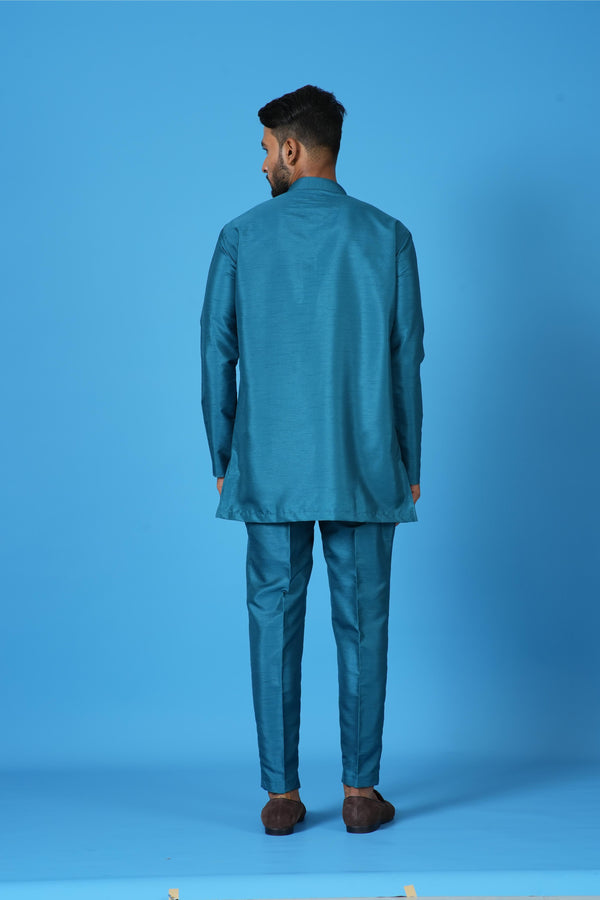 Designer Blue Silk Short Kurta With Pant