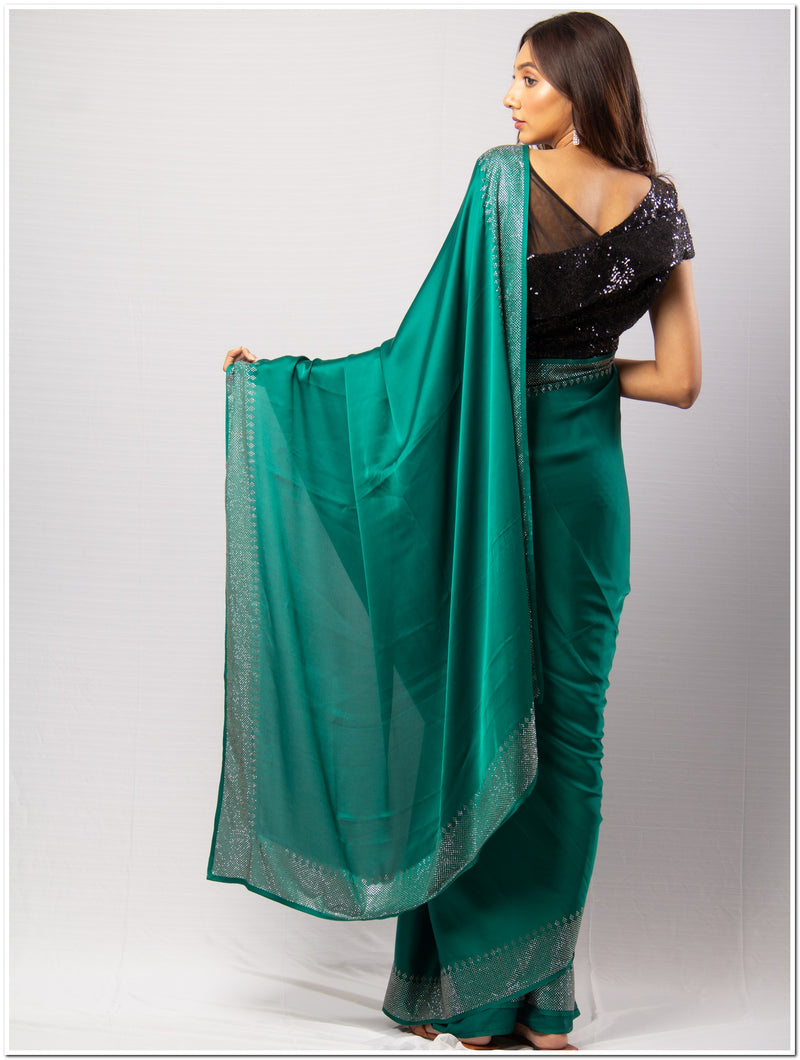Green Santoon Saree With Sequence Blouse Piece.
