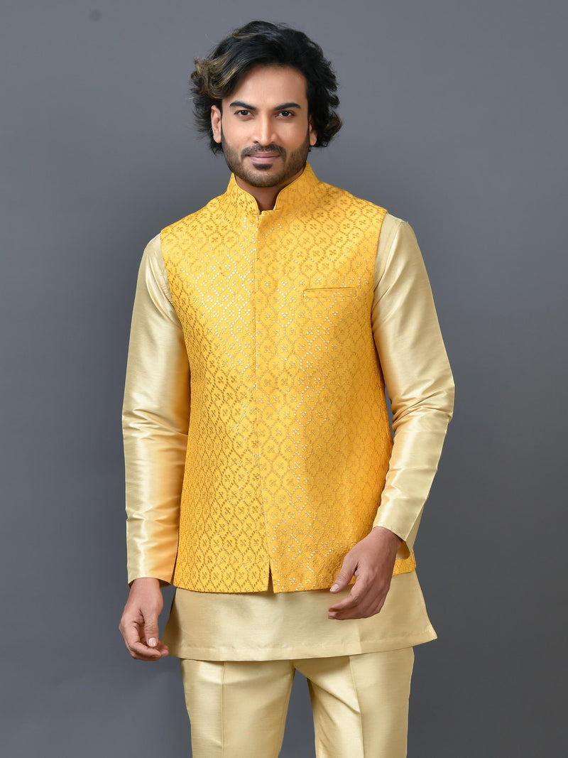 Designer Yellow Silk Kurta Jacket Set