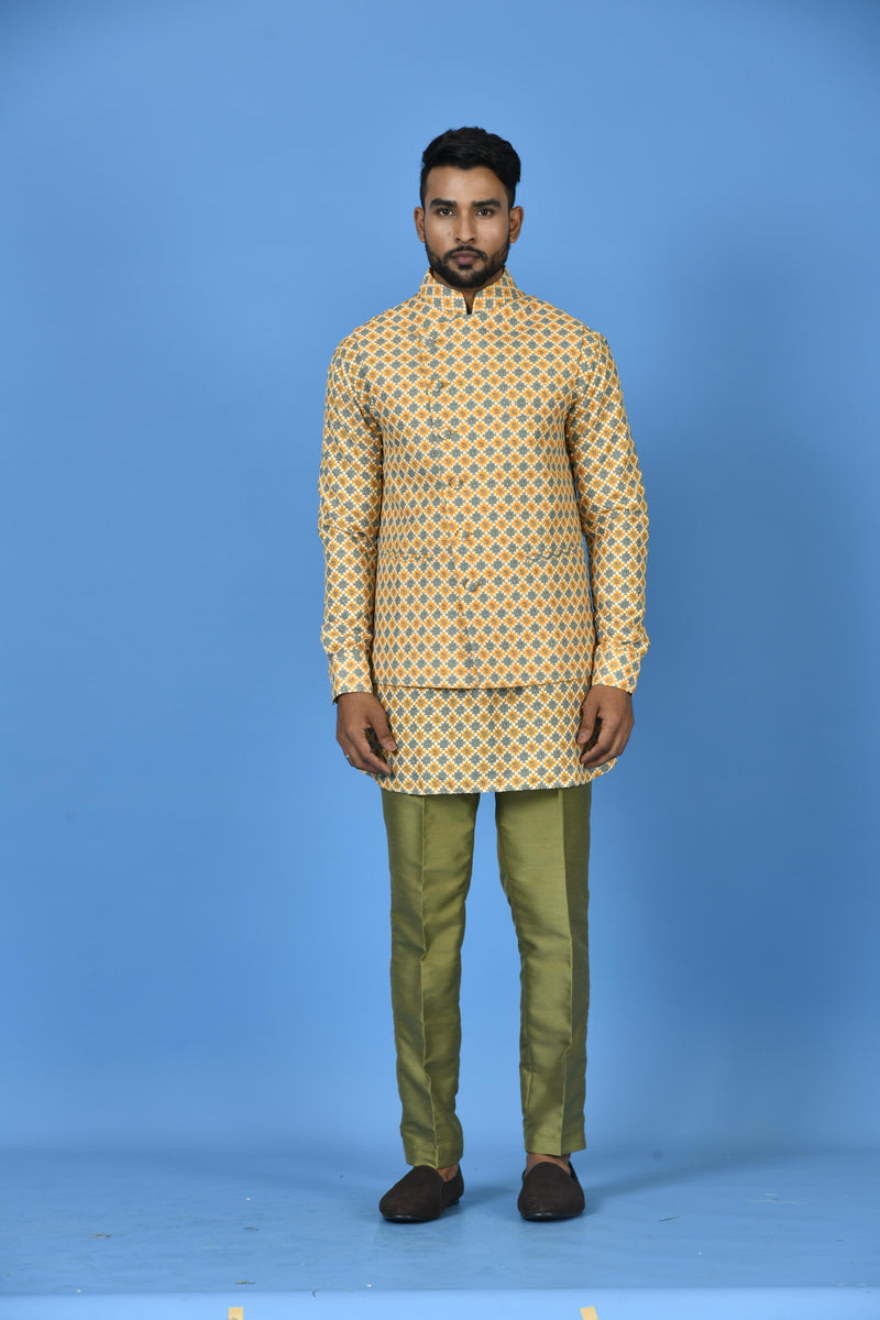 Designer Yellow Cotton Blend Kurta Jacket Set