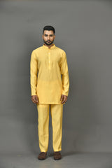 Designer Yellow Cotton Blend Short Kurta With Pant