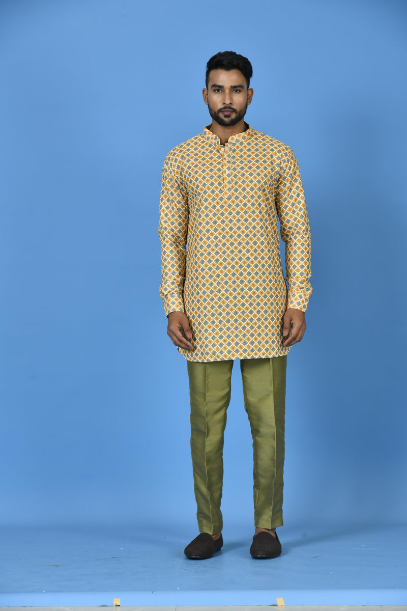 Designer Green Cotton Blend Short Kurta With Pant