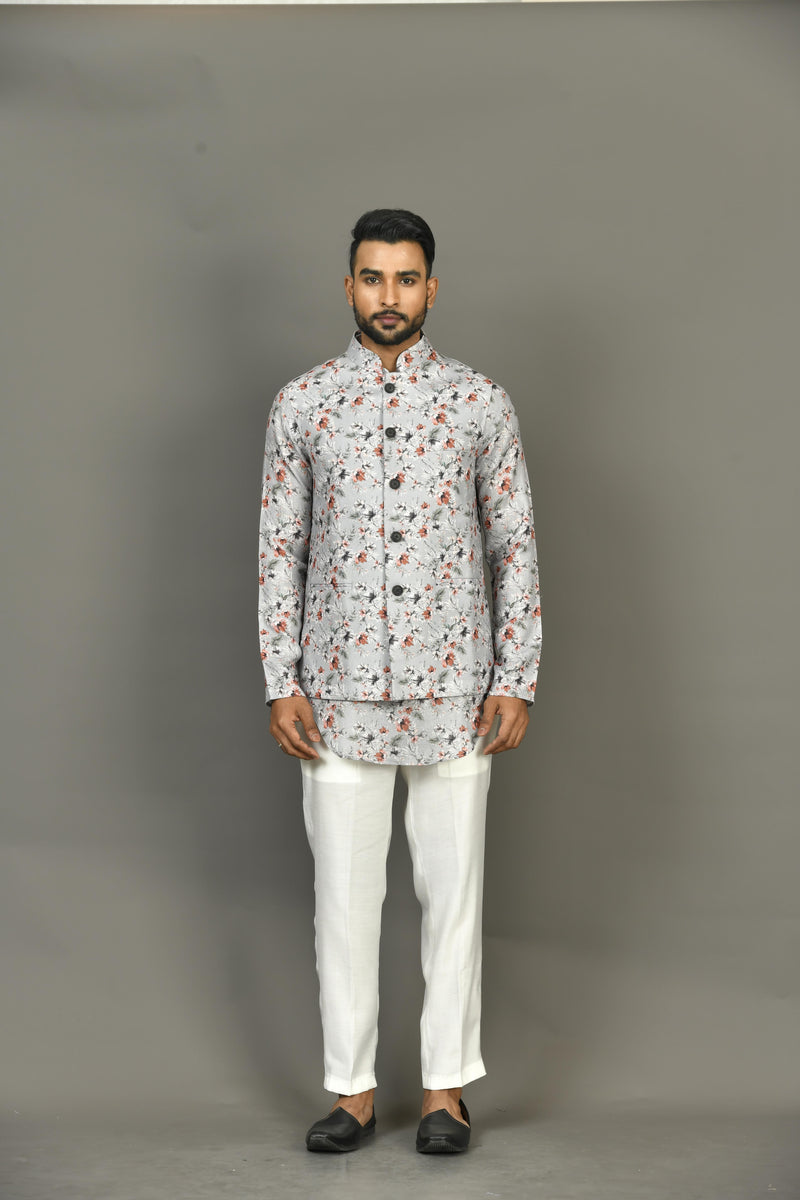 Designer Kurta Jacket Set In Grey