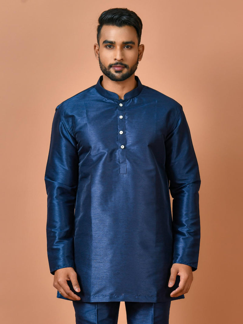 Designer Navy Blue Silk Short Kurta