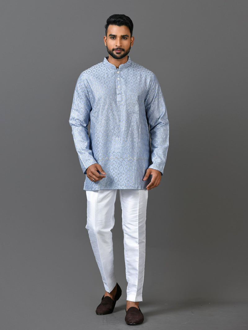 Designer Grey Silk Short Kurta