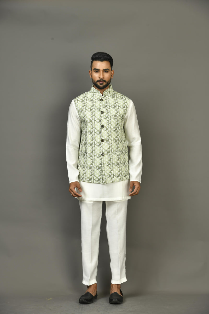 Designer Kurta Jacket Set In Green