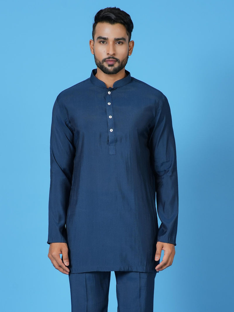 Designer Blue Cotton Blend Short Kurta With Pant