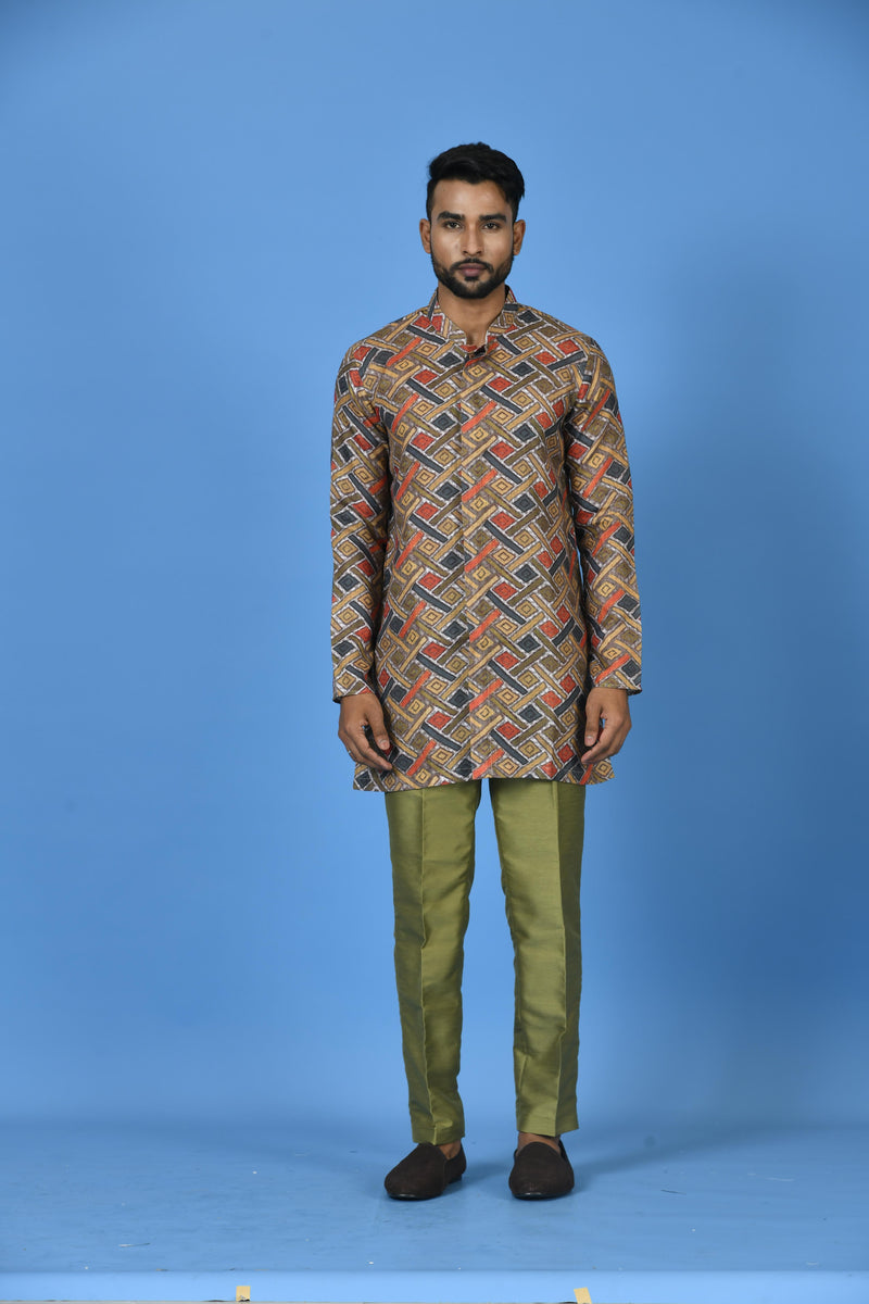 Designer Green Cotton Blend Short Kurta With Pant