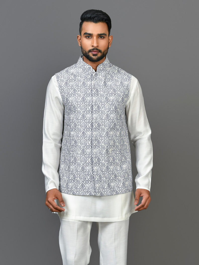 Designer Kurta Jacket Set In Grey