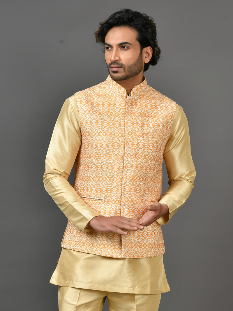 Designer Yellow Silk Kurta Jacket Set