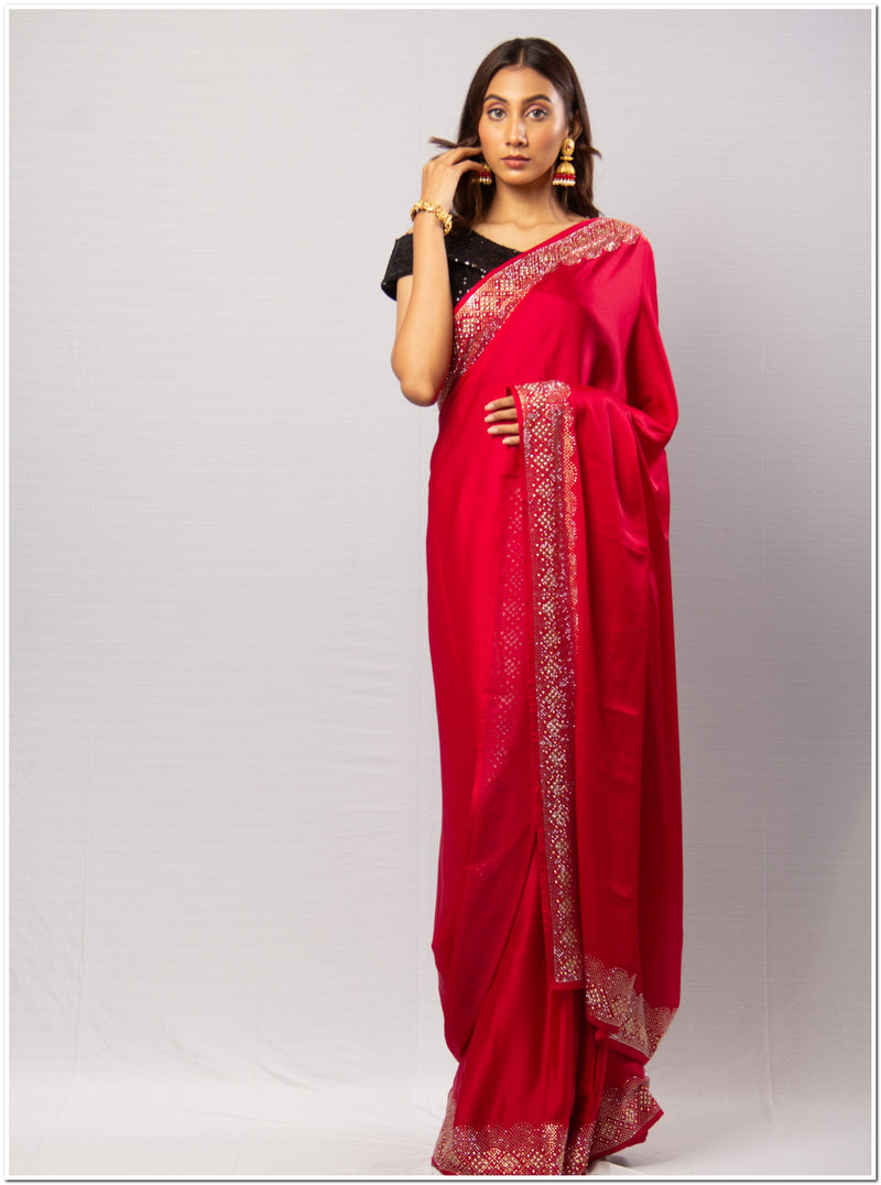 Red Santoon Saree With Sequence Blouse Piece