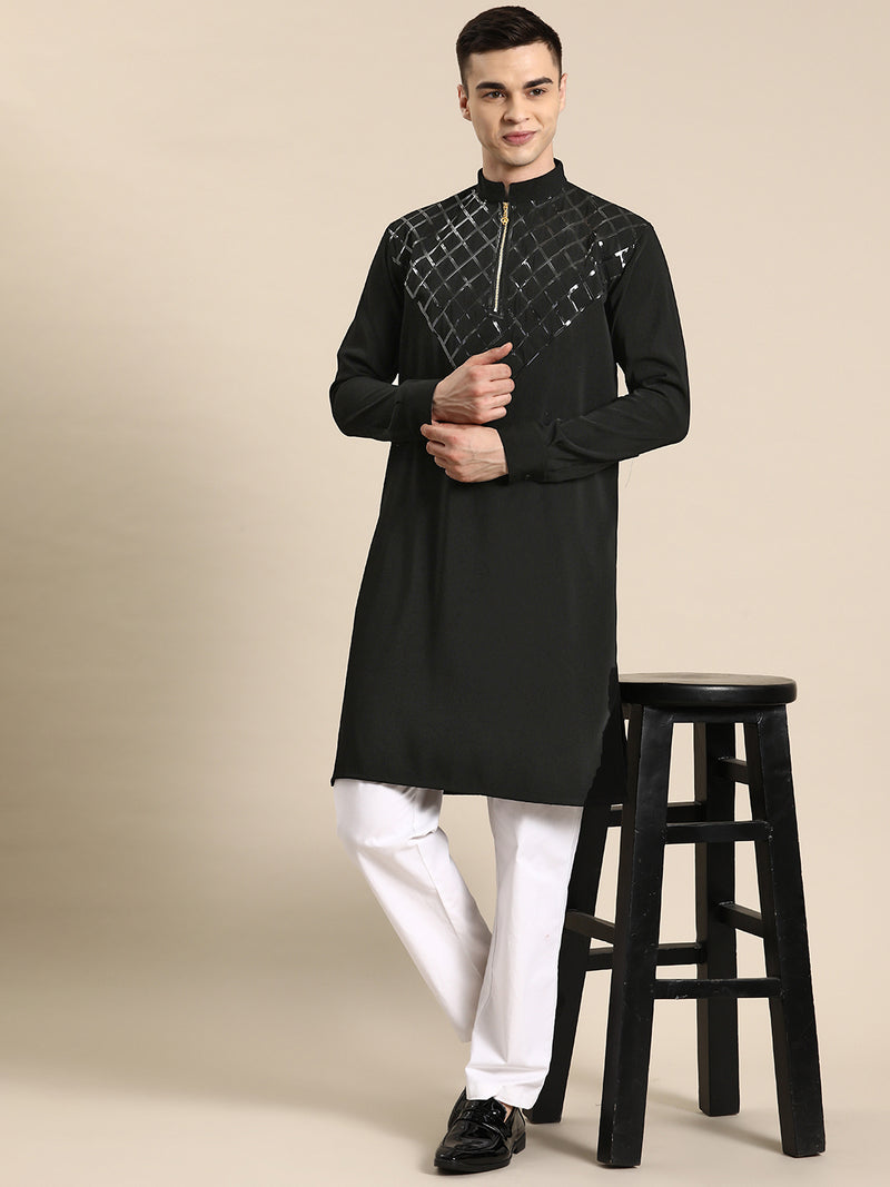 Black Geometric Rayon Kurta Set