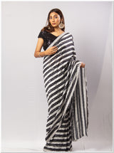 Black & White Striped Sequence Saree With Blouse Piece.