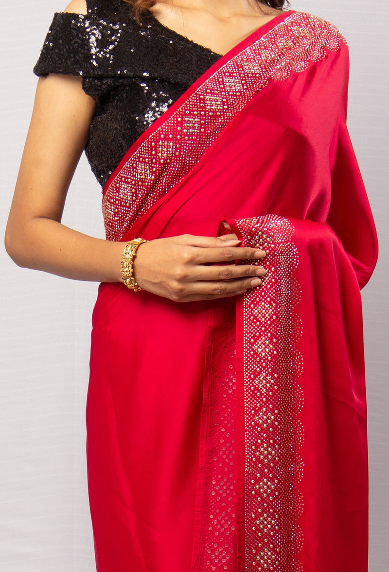 Red Santoon Saree With Sequence Blouse Piece