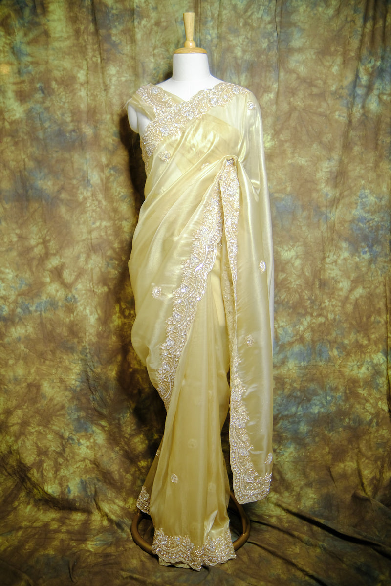 Designer Saree in Light Yellow Color