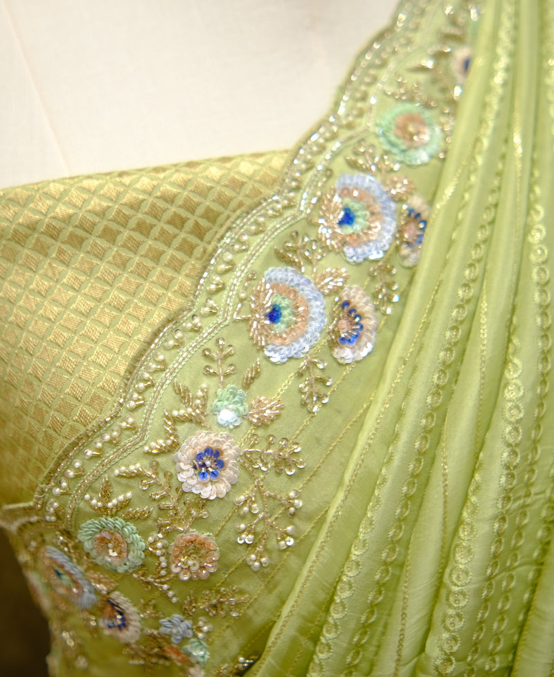 Designer Saree In Pale Green Color