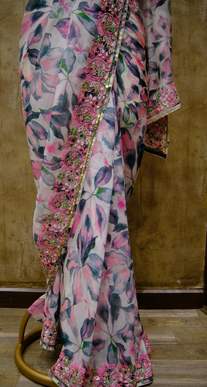 Designer Printed Saree In Pink Color