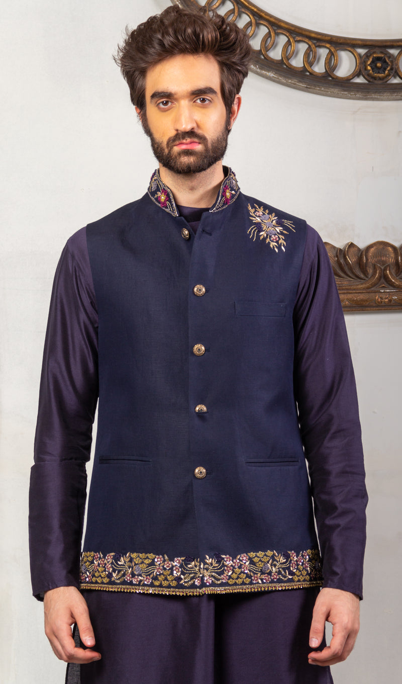Blue & Purple  Hand Emboidered & Hndwork Kurta, Jacket ,Pant set.