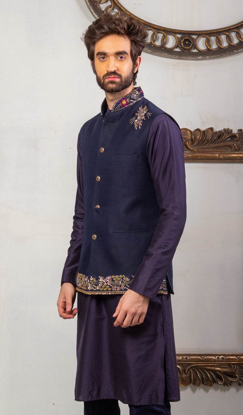 Blue & Purple  Hand Emboidered & Hndwork Kurta, Jacket ,Pant set.