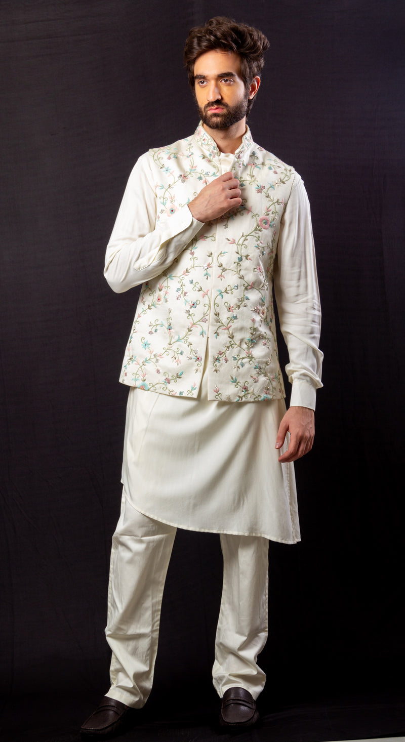 White Color  Hand Embroidered & Handwork kurta ,Jacket & Pant set