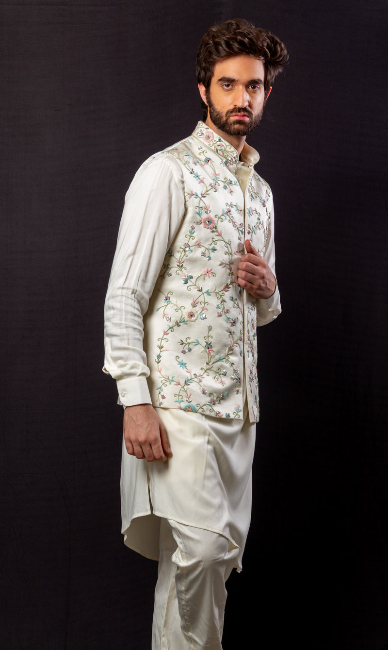 White Color  Hand Embroidered & Handwork kurta ,Jacket & Pant set