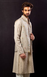 Golden  color  Hand Embroidered & handwork kurta ,jacket & pant set.