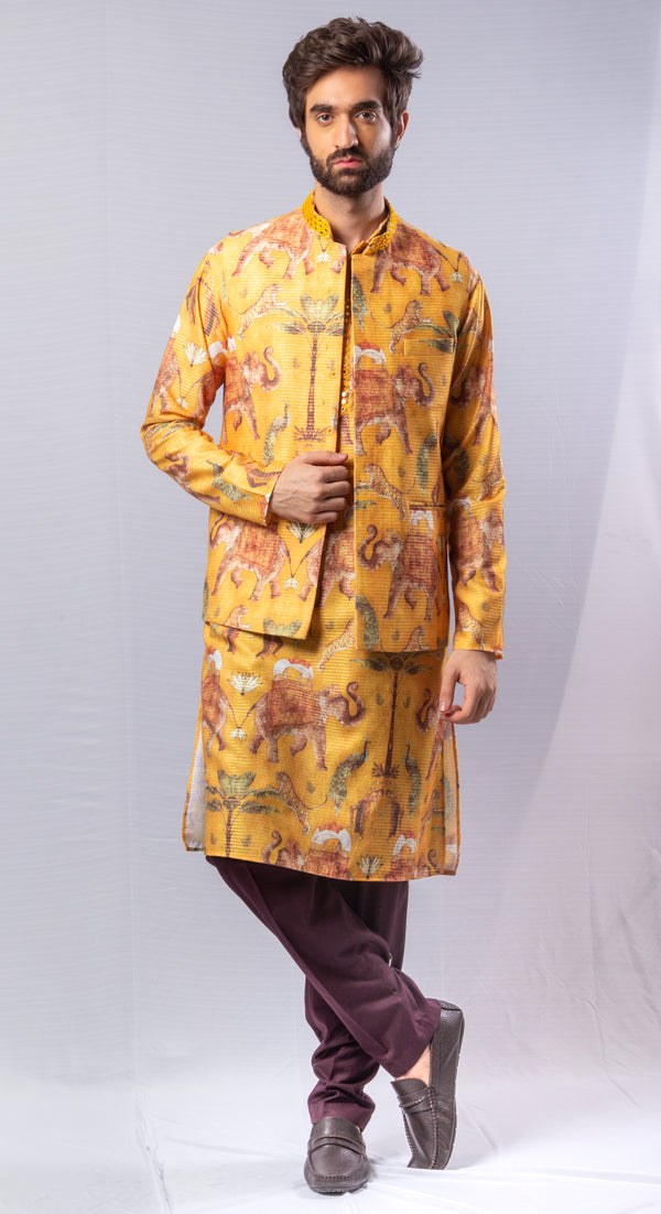 Yellow  colour  Hand Embroidered & Handwork kurta ,Jacket &  pant