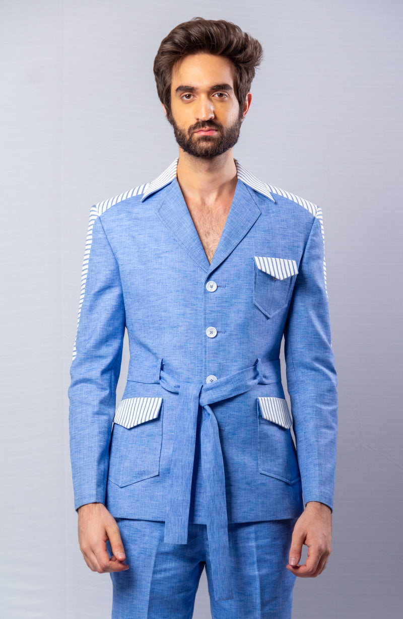 Buy Detales Sky Blue Billie Jean Waistcoat Blazer And Trouser Set Online   Aza Fashions