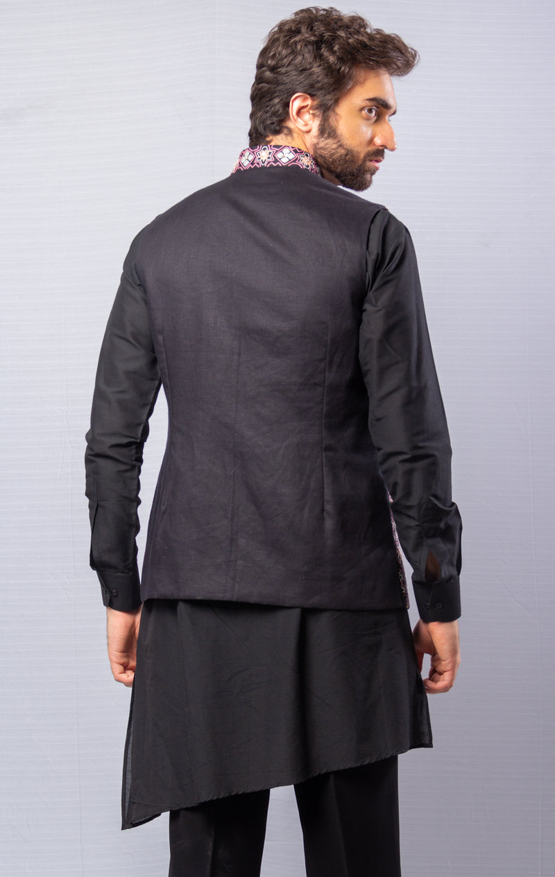 Black  colour  Hand Embroidered & handwork kurta, pant & jacket set.