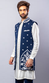 Blue & white   colour  Hand Embroidered & handwork kurta ,Jacket & pant set.
