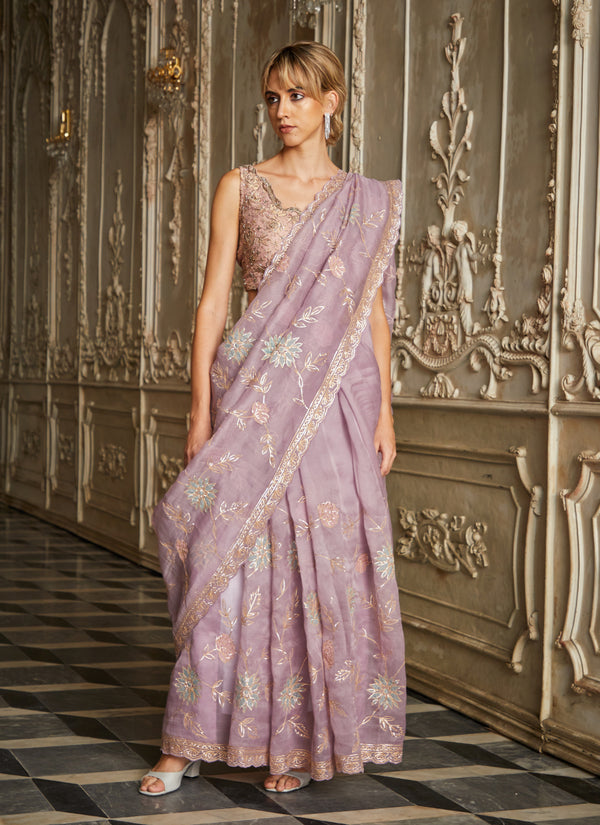 Designer light purple color Hand Embroidered saree
