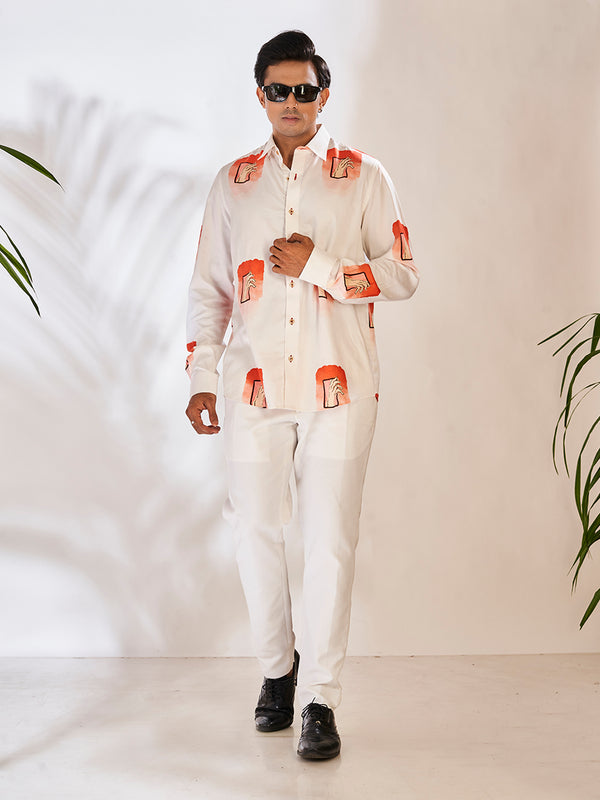 Bold White & Orange Cotton Pant Set