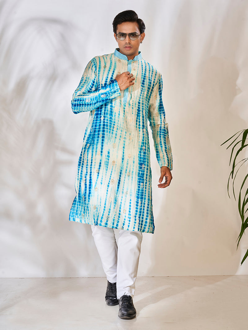 Elegant White & Blue Cotton Silk Kurta Set