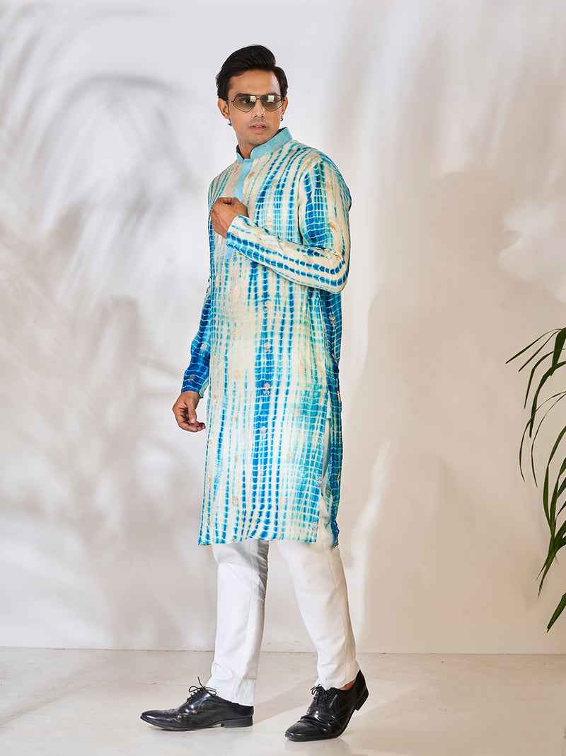 Elegant White & Blue Cotton Silk Kurta Set