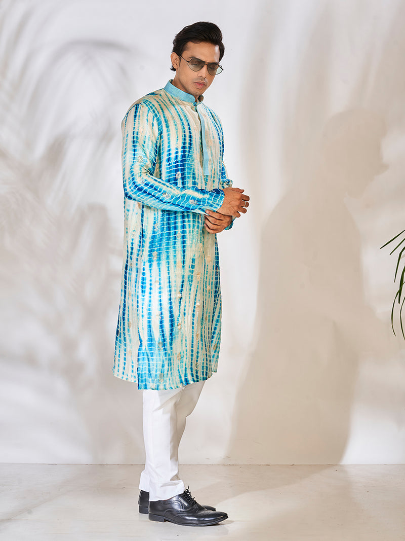 Elegant White & Blue Cotton Silk Kurta Set