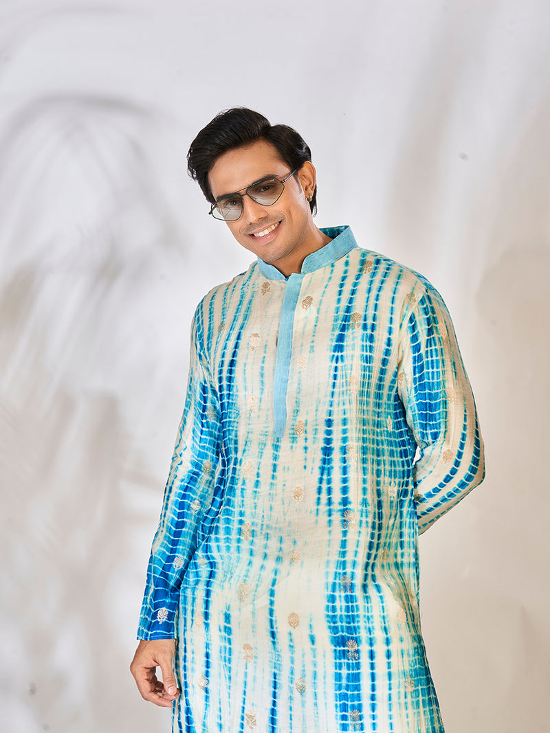 Elegant White & Blue Cotton Silk Kurta Set