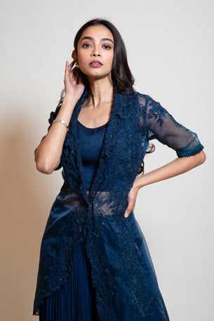 Women's  Wear Long Jacket Set In Navy Blue Color