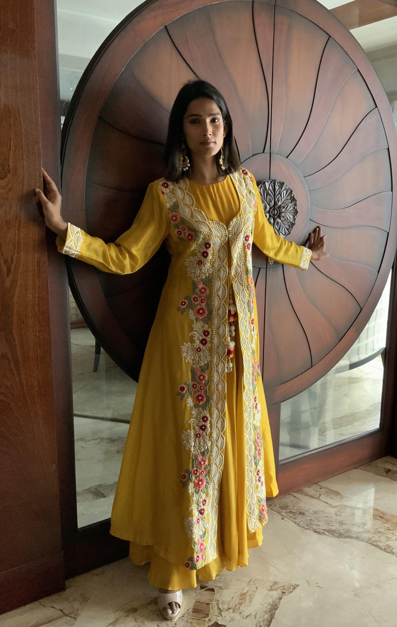 Evening Wear Kurti Set In Yellow Color
