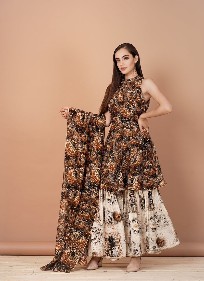 Party Wear Sharara Suit In Brown Colour