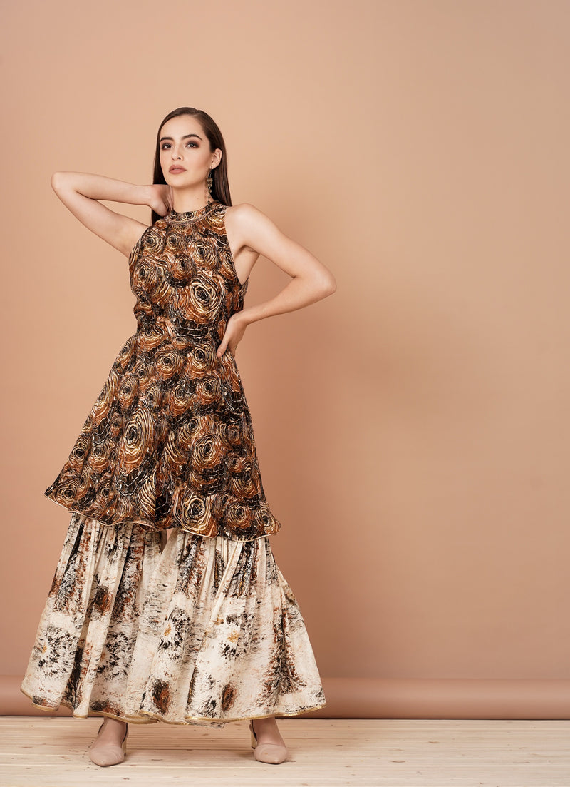 Party Wear Sharara Suit In Brown Colour