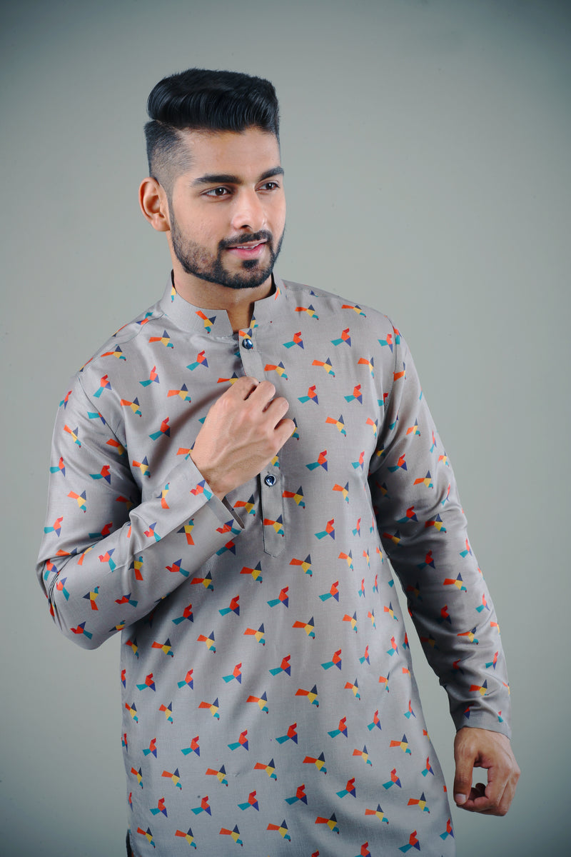 Mens Kurta Set In Grey & Teal Blue Color