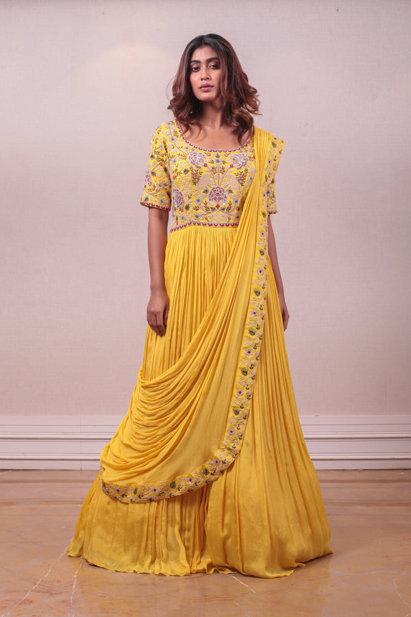 Designer Yellow colour Hand Embroidered Gown sasyafashion