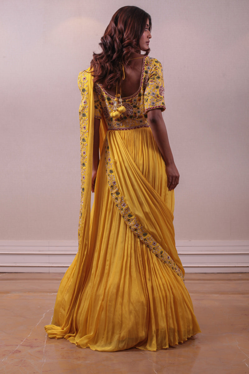 Designer Yellow colour Hand Embroidered Gown sasyafashion